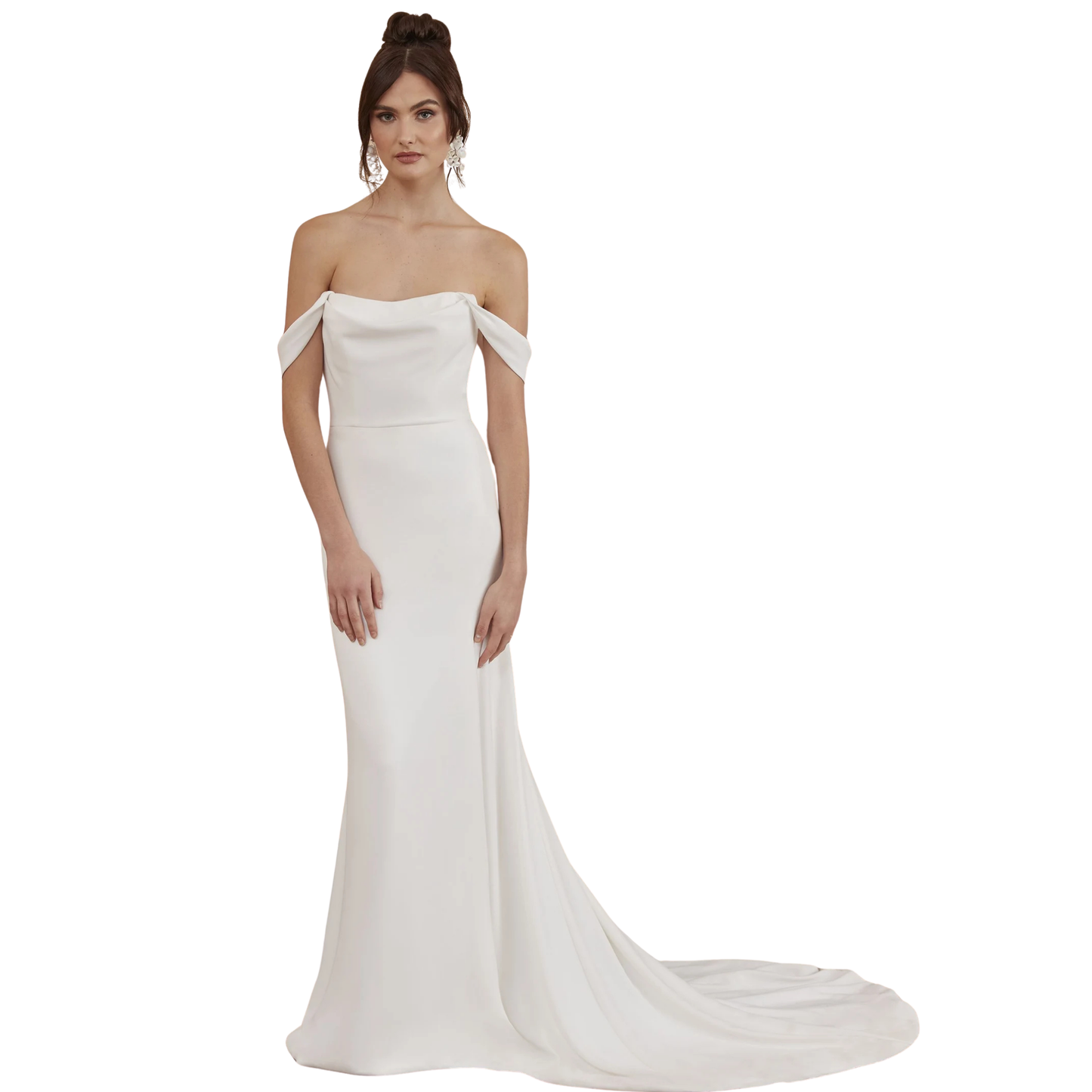 Adore by Justin Alexander “Finn” – Off-the-Shoulder Crepe Fit & Flare Gown (Size 10)