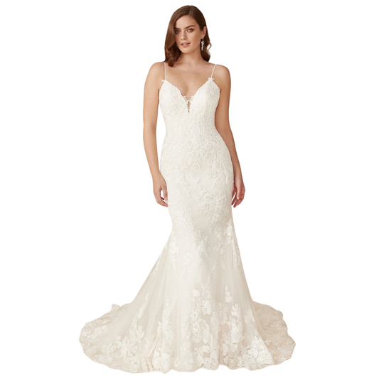 Justin Alexander Deryn Beaded Lace Fit-and-Flare Wedding Gown – Size 16 (Sample)