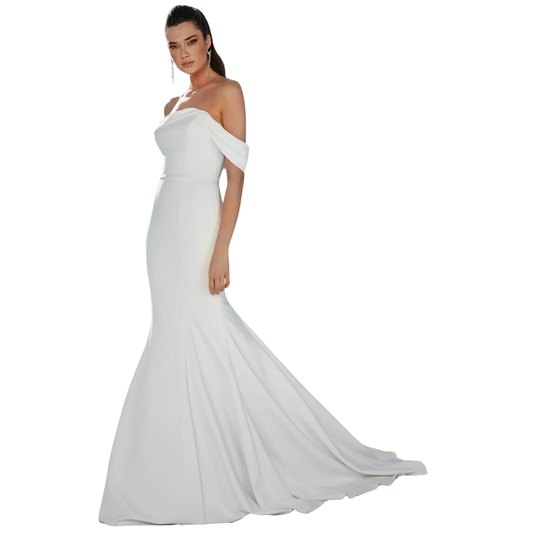 Justin Alexander Brynn, 88165 - Off-the-Shoulder Stretch Crepe Fit and Flare Gown (Size 12, Sample)