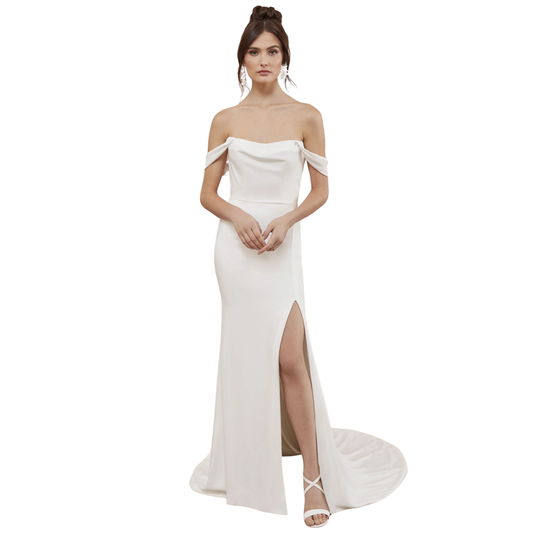 Adore by Justin Alexander “Finn” – Off-the-Shoulder Crepe Fit & Flare Gown (Size 10)