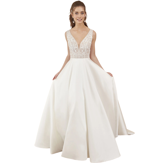 Adore by Justin Alexander Lana 11215 – Plunge V-Neck Mikado A-Line with Lace Bodice – Size 16